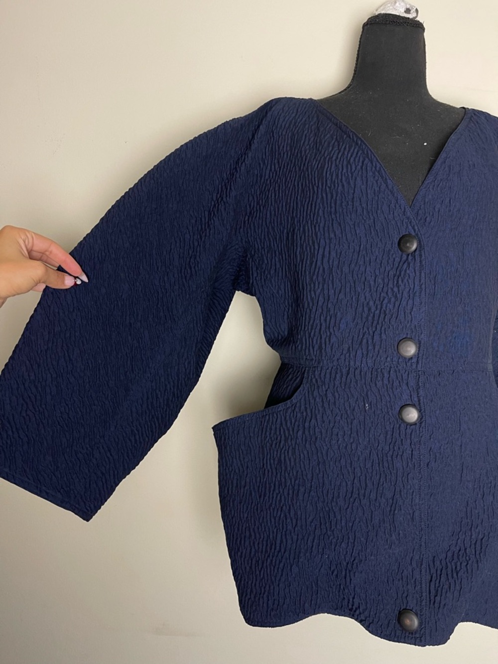Anne Marie Navy Textured Button-Front Jacket - Picture 4 of 8